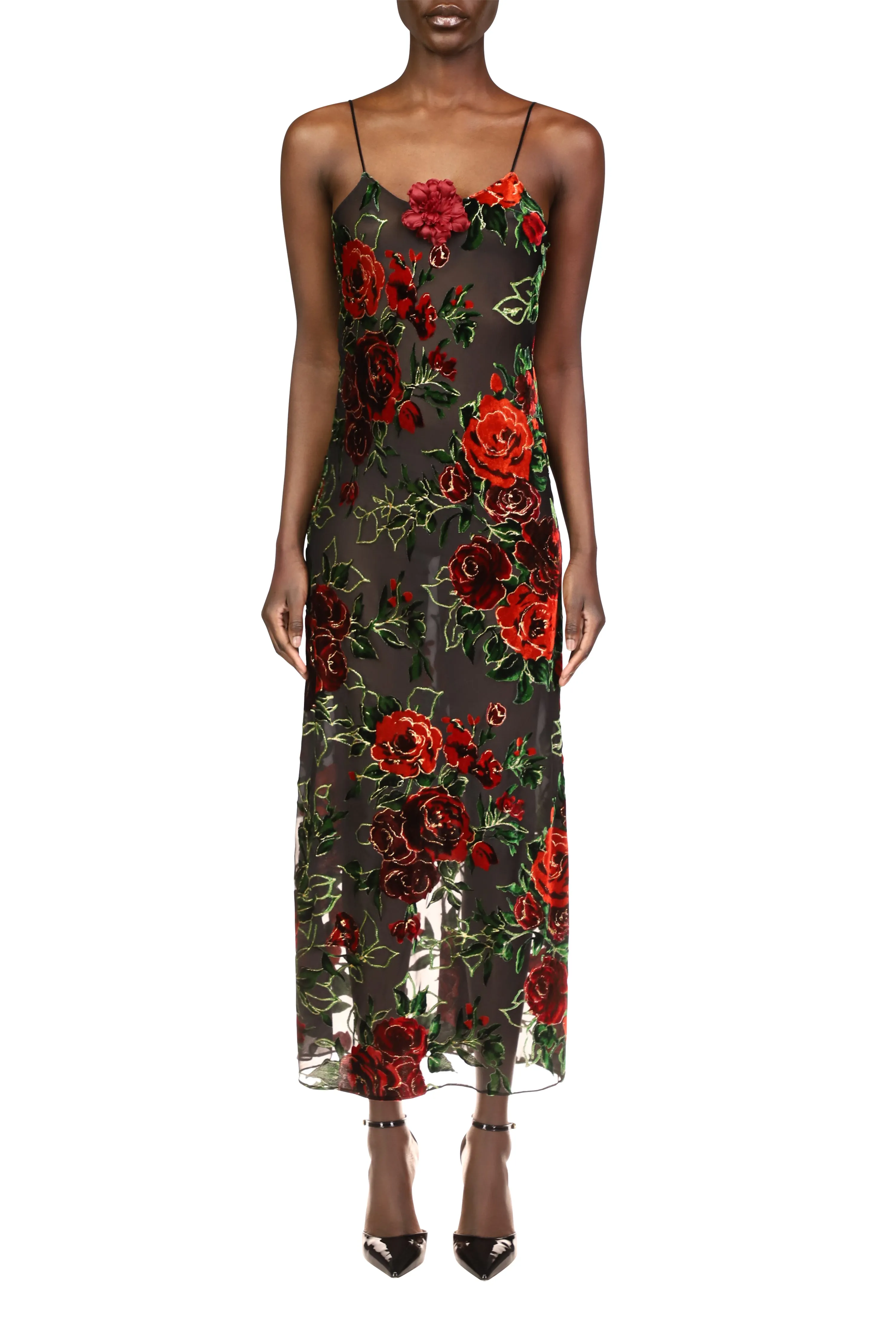 Velvet Devoré Slip Dress With Silk Flower Pin