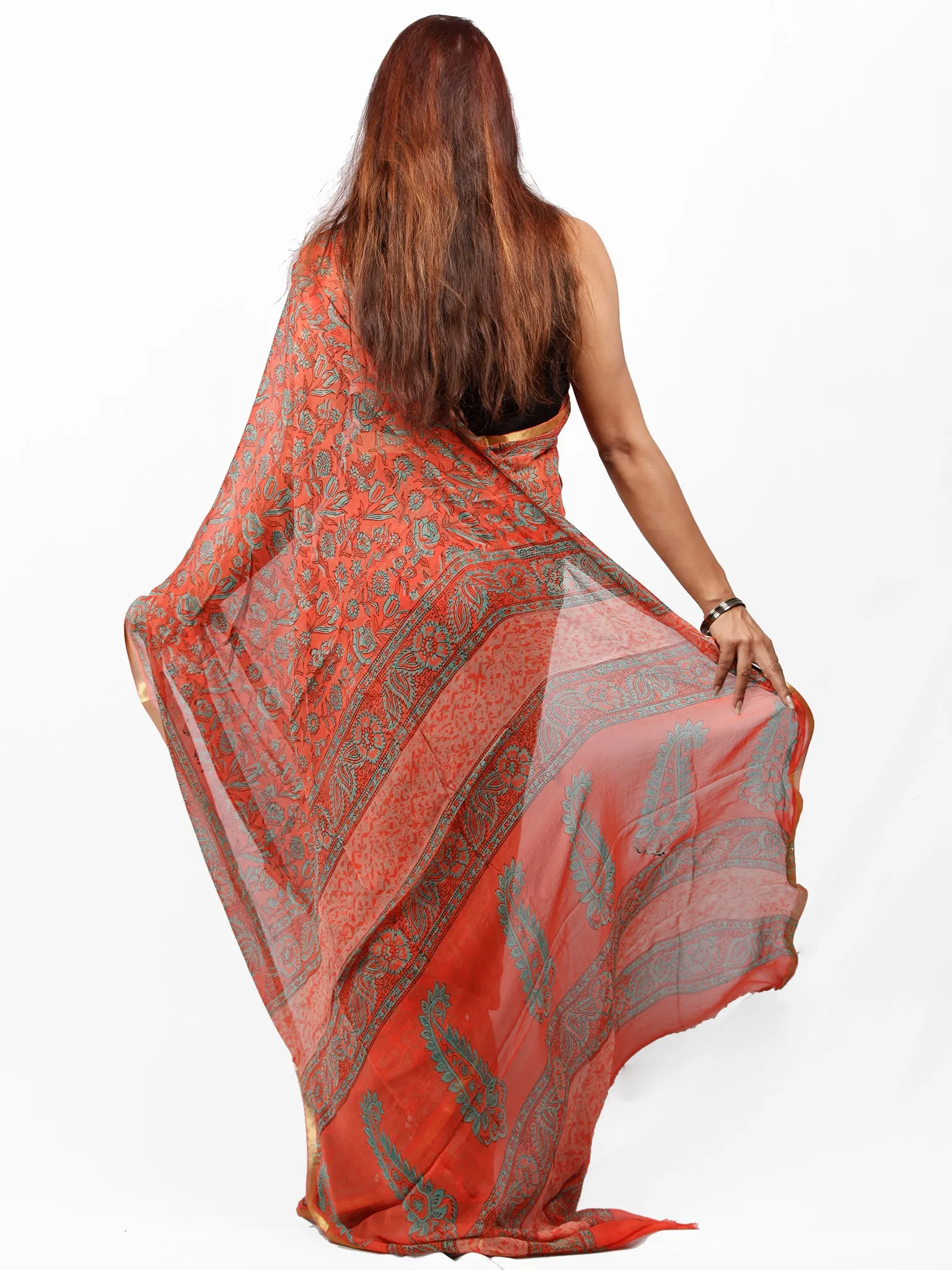 Vermilion Green Hand Block Printed Chiffon Saree with Zari Border - S031703426