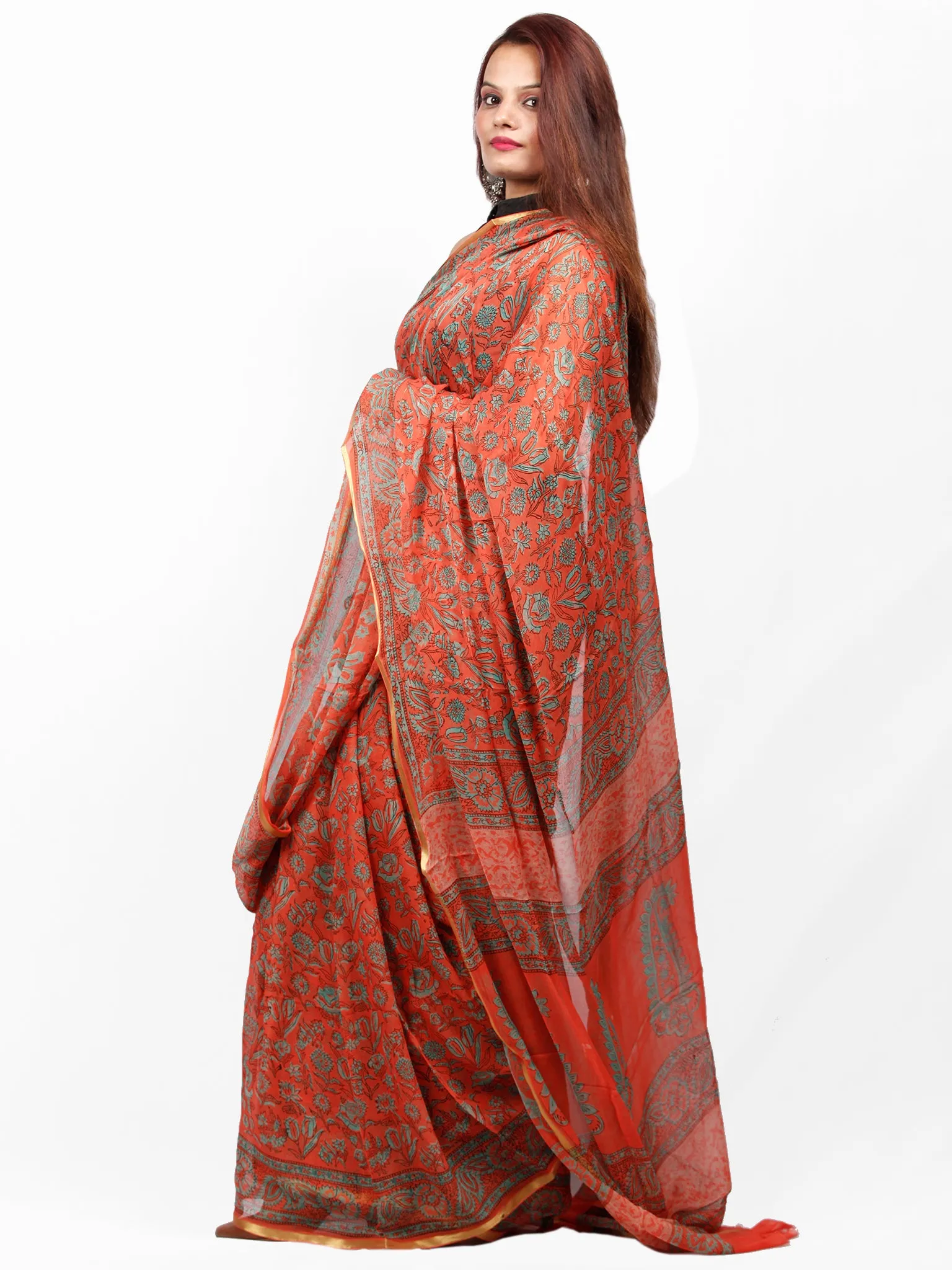 Vermilion Green Hand Block Printed Chiffon Saree with Zari Border - S031703426