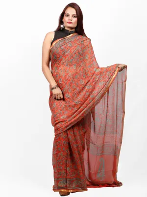 Vermilion Green Hand Block Printed Chiffon Saree with Zari Border - S031703426