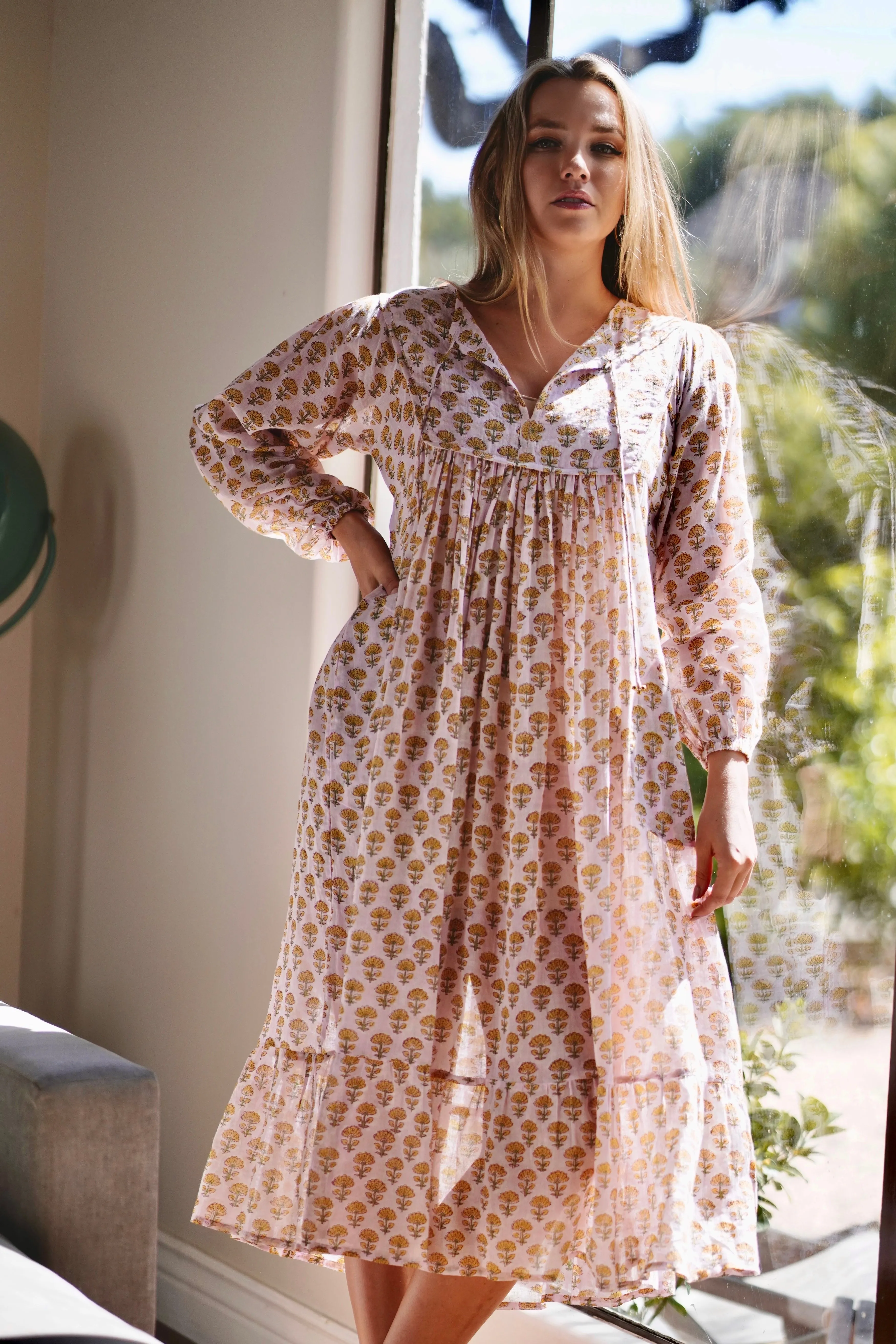 Vida Maxi Dress Pink Block Printed