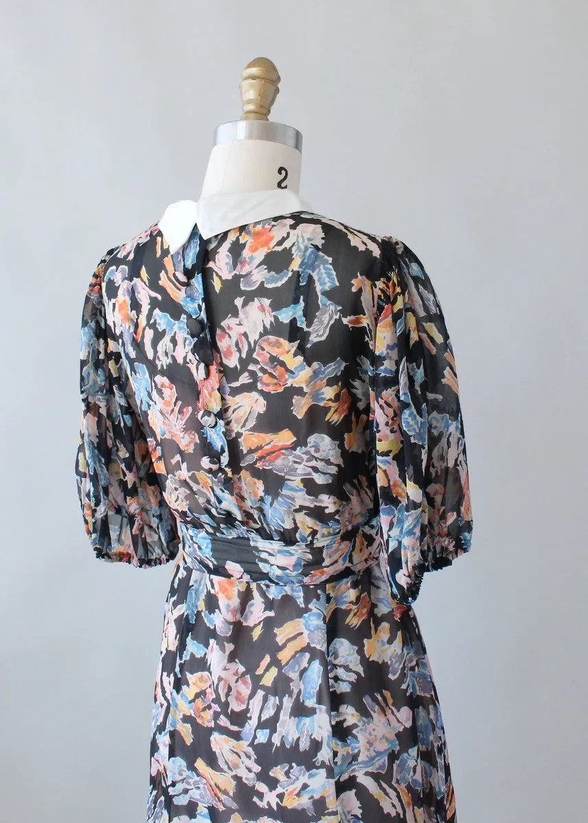 Vintage 1930s Abstract Print Silk Chiffon Dress