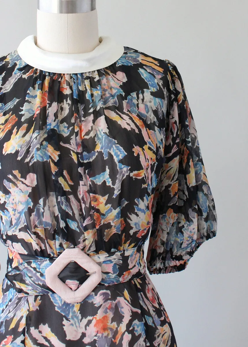 Vintage 1930s Abstract Print Silk Chiffon Dress