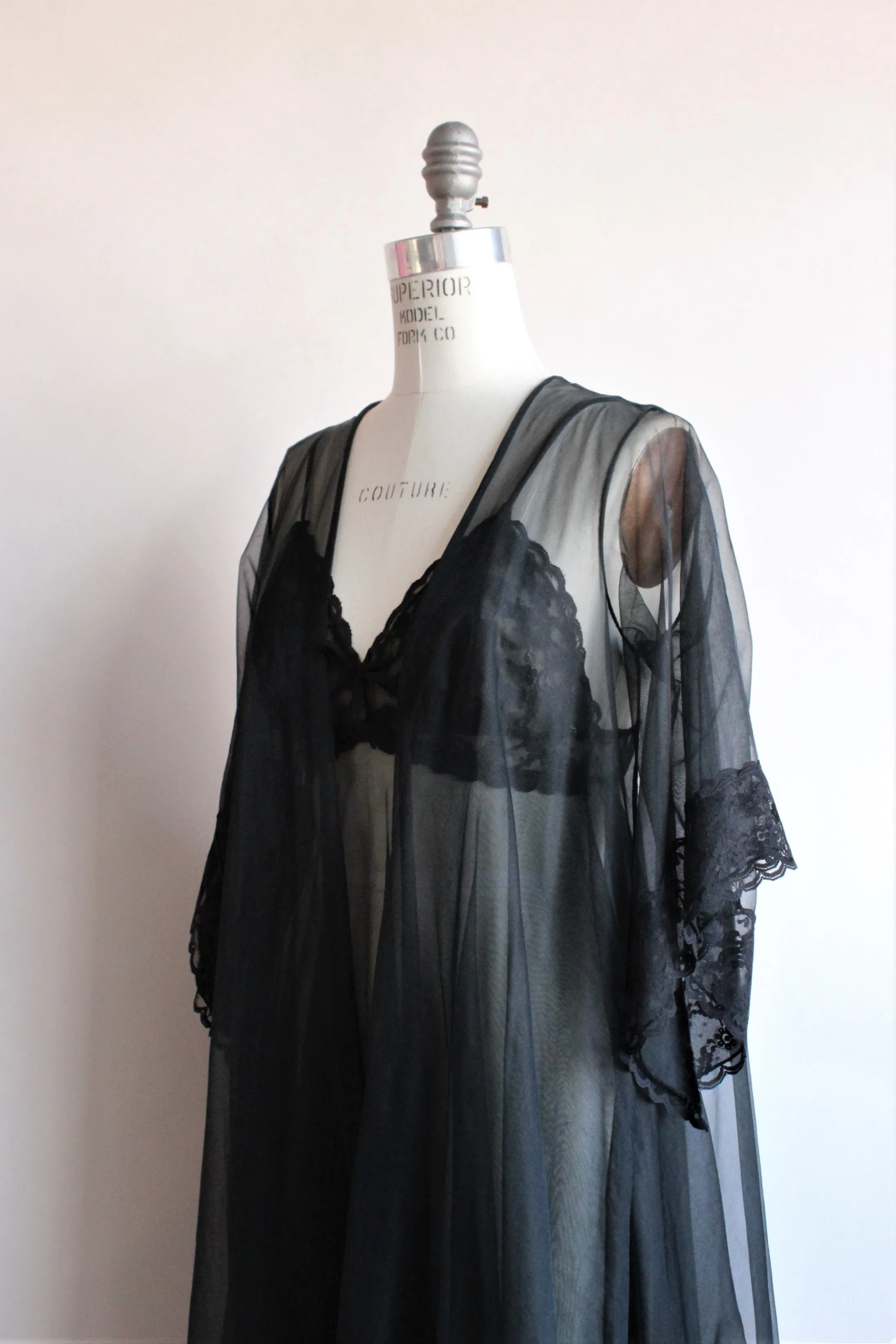 Vintage 1970s Black Peignoir Robe And Nightgown Set