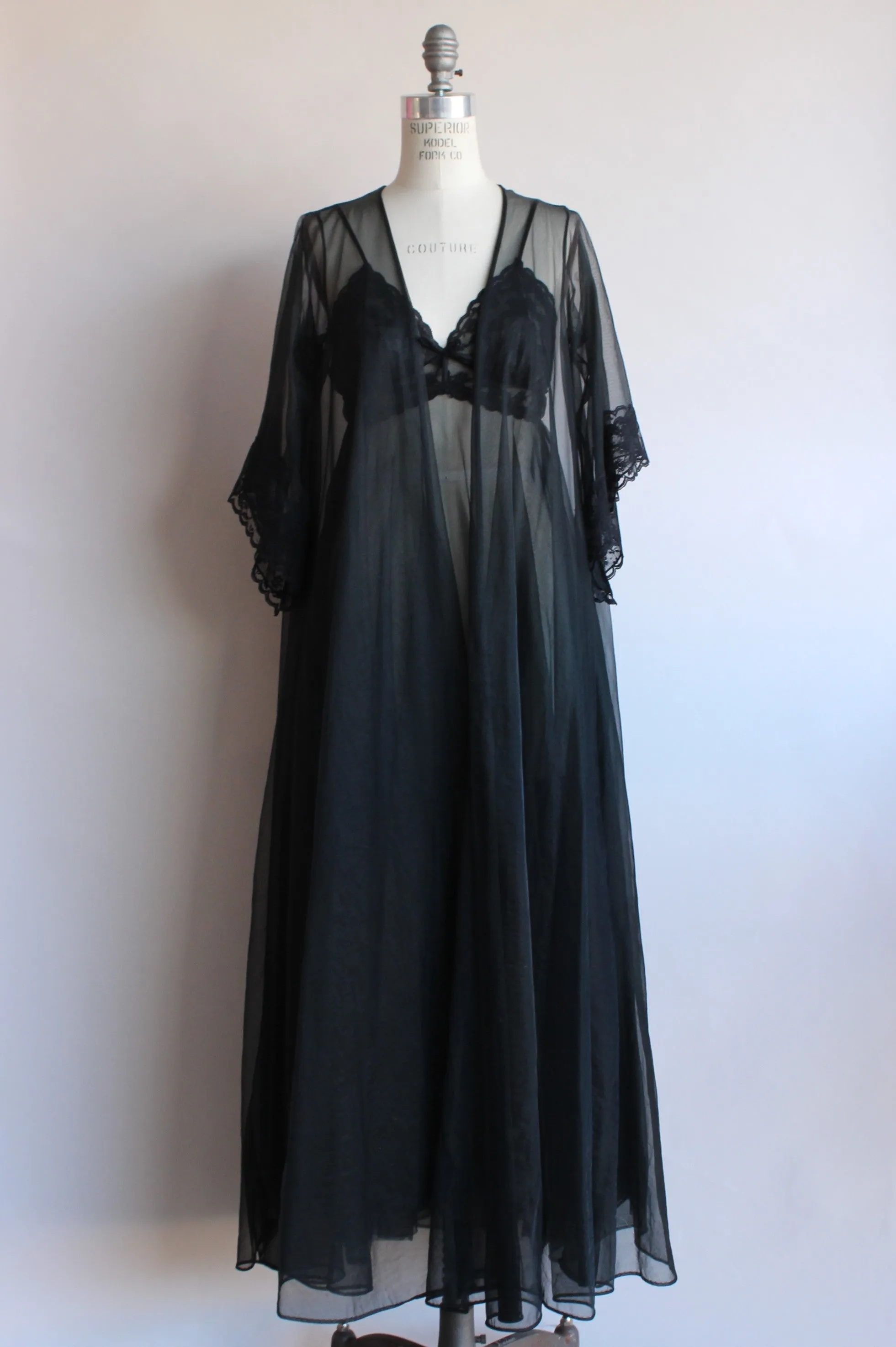 Vintage 1970s Black Peignoir Robe And Nightgown Set