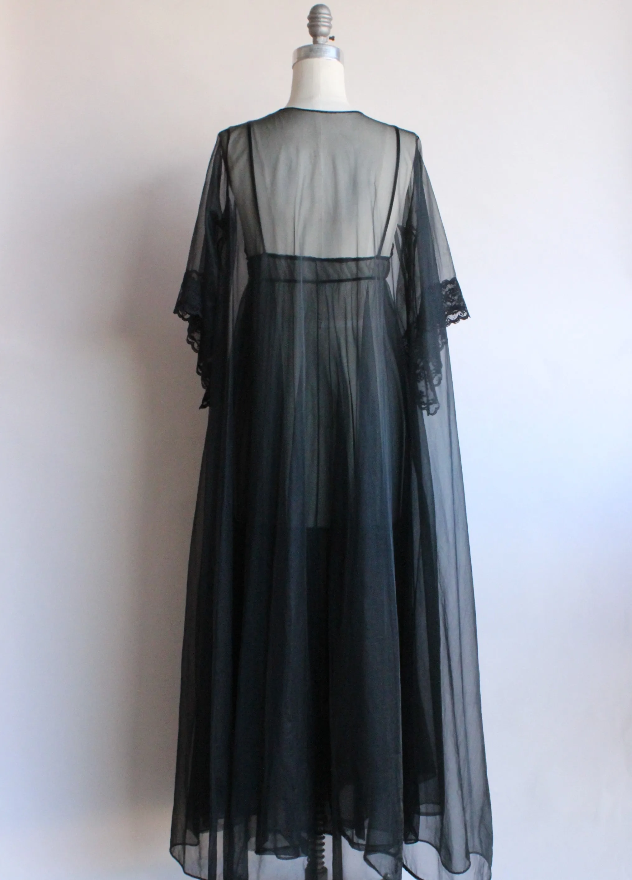 Vintage 1970s Black Peignoir Robe And Nightgown Set