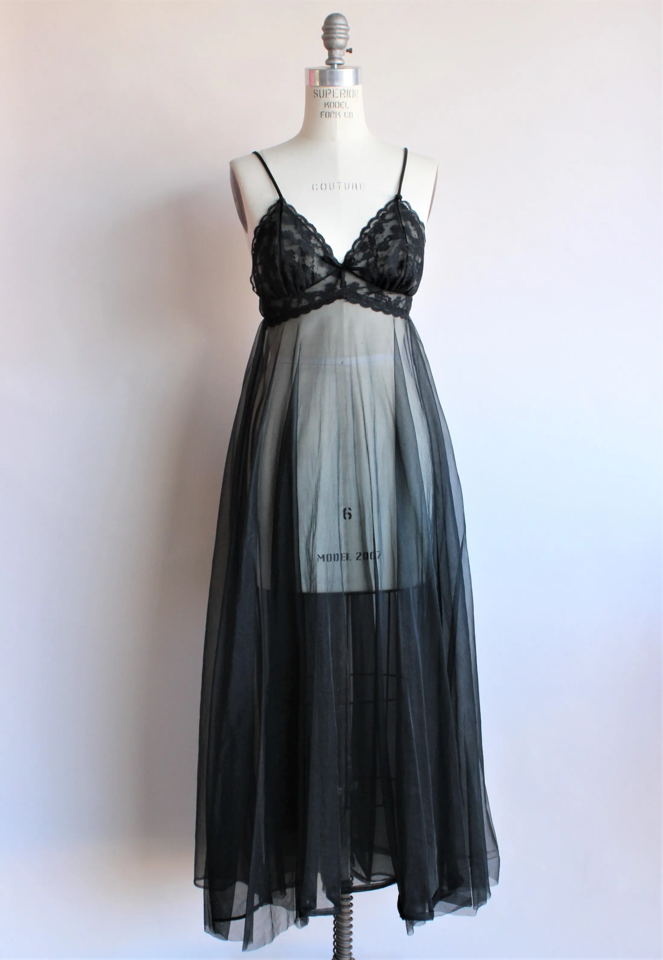 Vintage 1970s Black Peignoir Robe And Nightgown Set