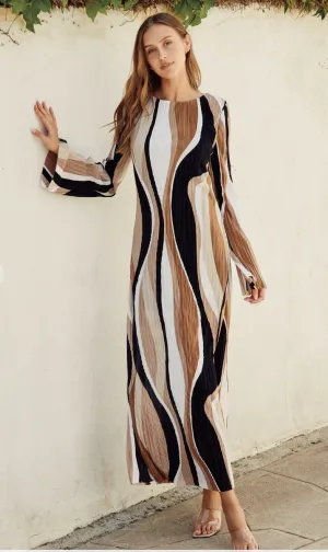 Wave Print Micro Pleated Maxi Dress