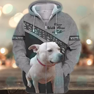 White Staffie Never Walk Alone 3D Full Print Shirts, Christmas Dog Memorial Gifts for loss of Dog