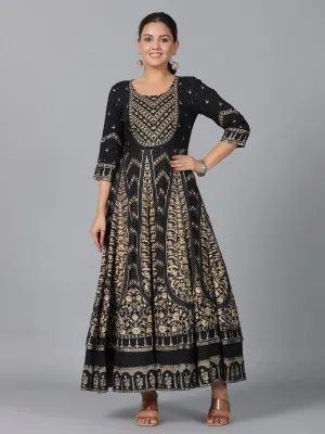 Women Black Rayon Printed Anarkali Dress