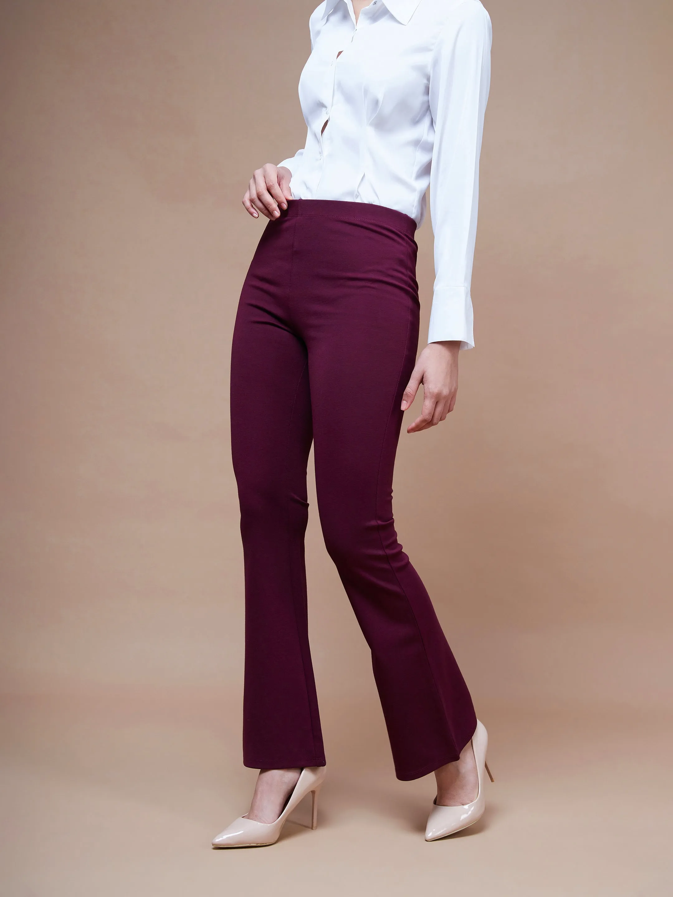 Women Burgundy Bell Bottom 4-Way Stretch Pants