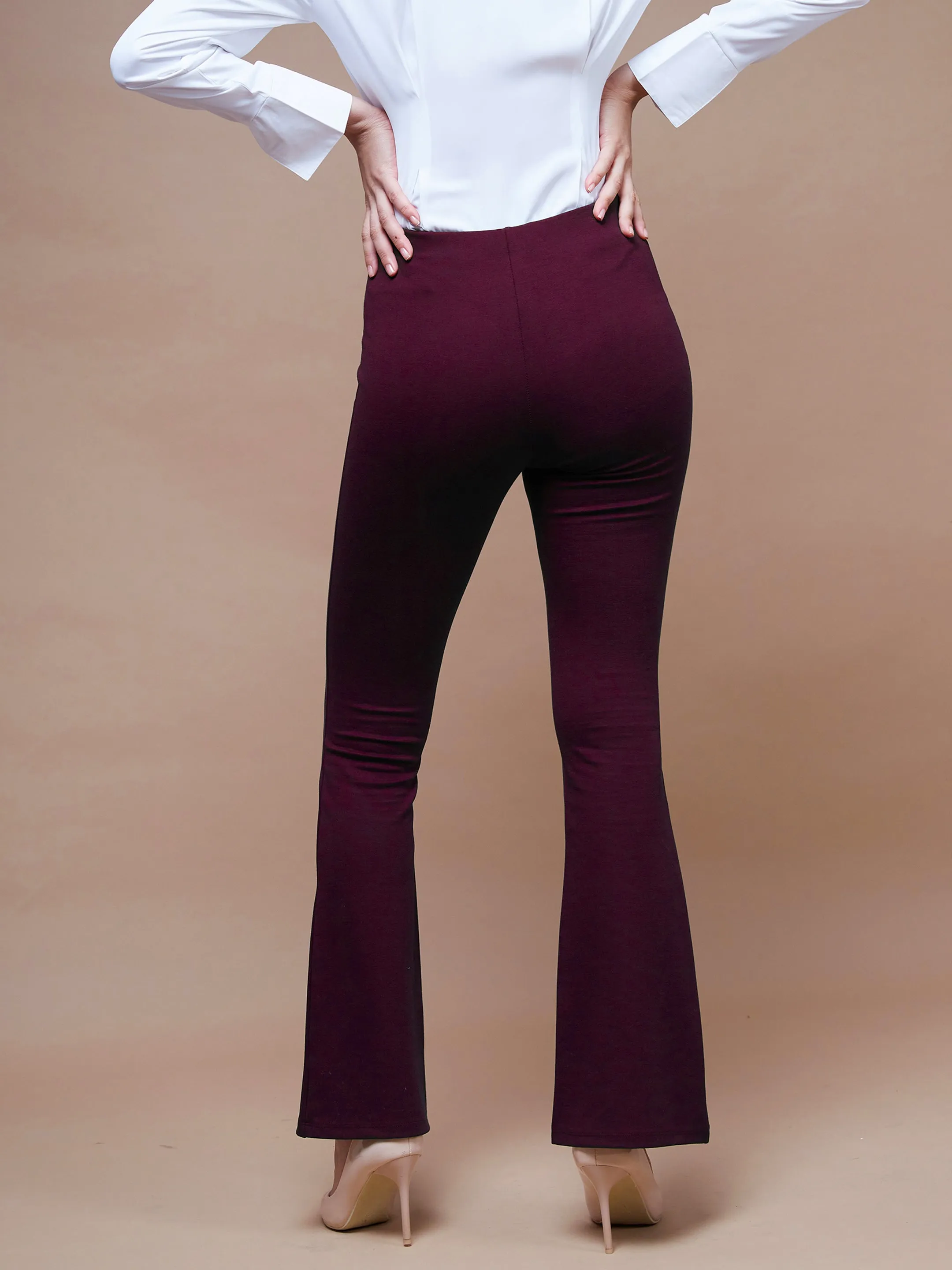 Women Burgundy Bell Bottom 4-Way Stretch Pants