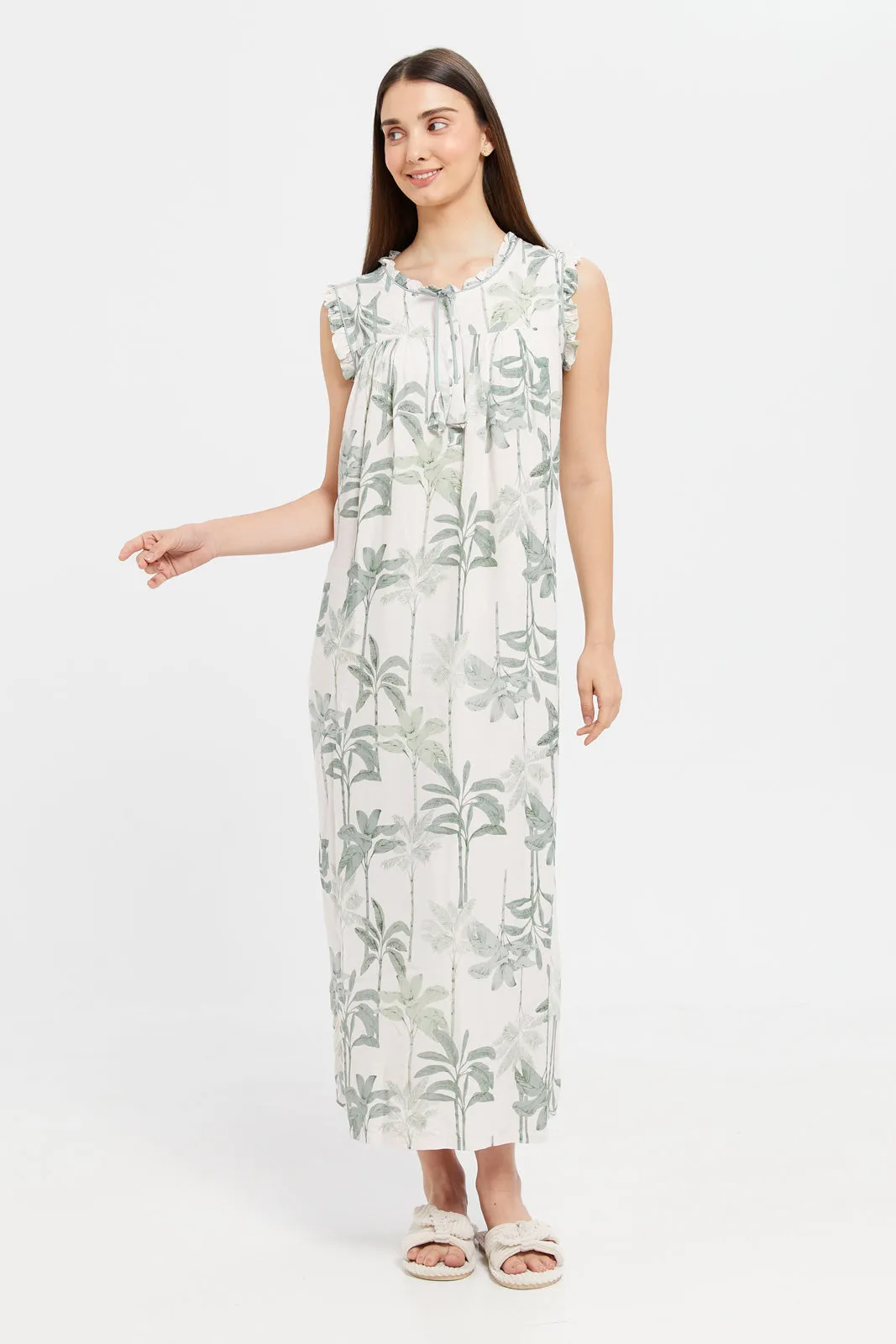 Women Cream And Mint Printed Nightgown