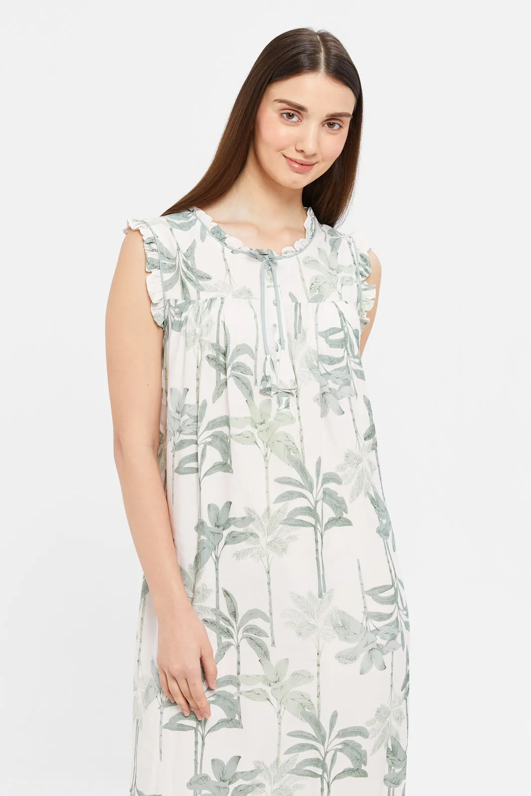 Women Cream And Mint Printed Nightgown