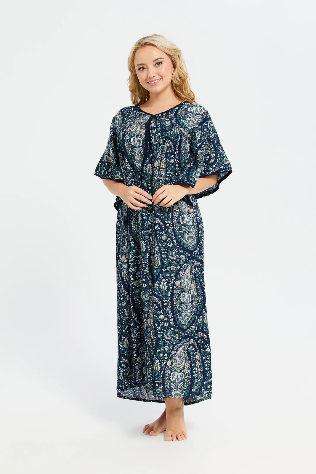 Women Navy Elbow Sleeves Nightgown