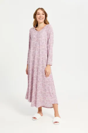 Women Pink Long Sleeves Knit Nightgown