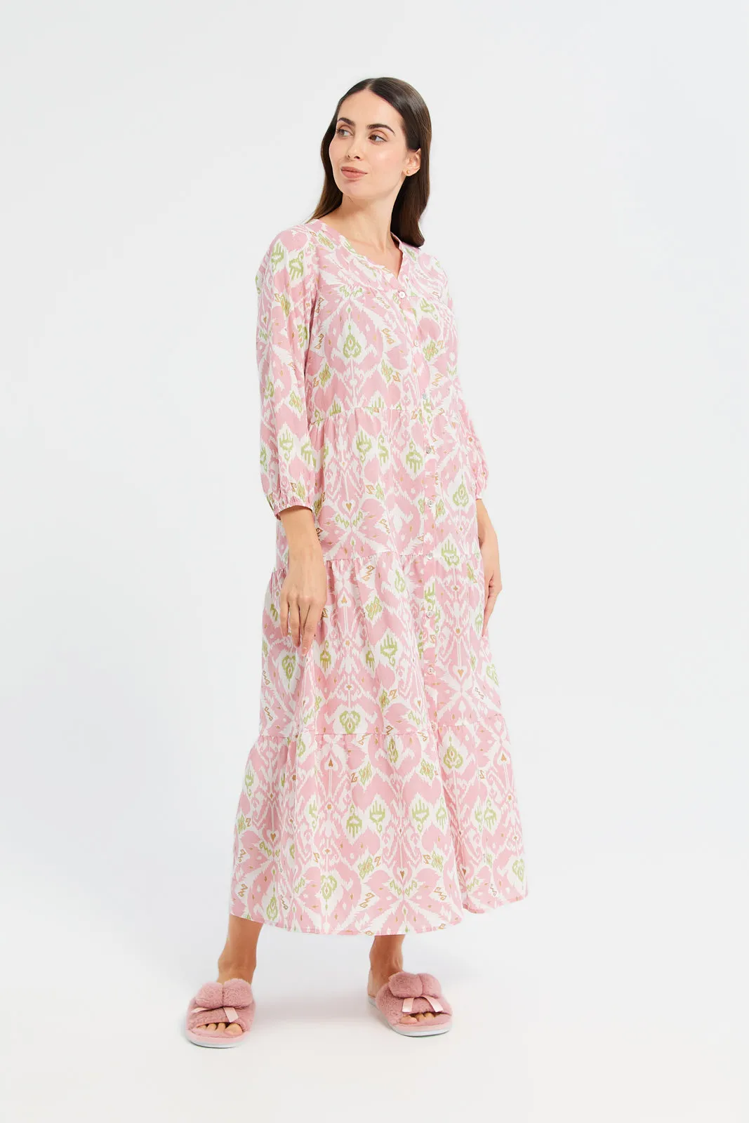 Women Pink Printed Tier Nightgown