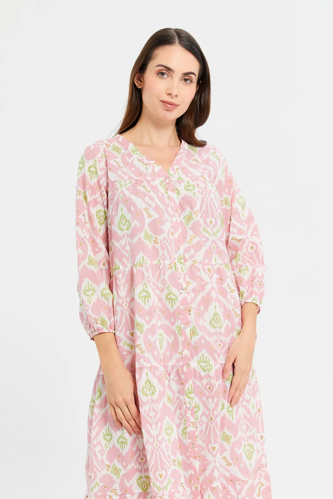 Women Pink Printed Tier Nightgown