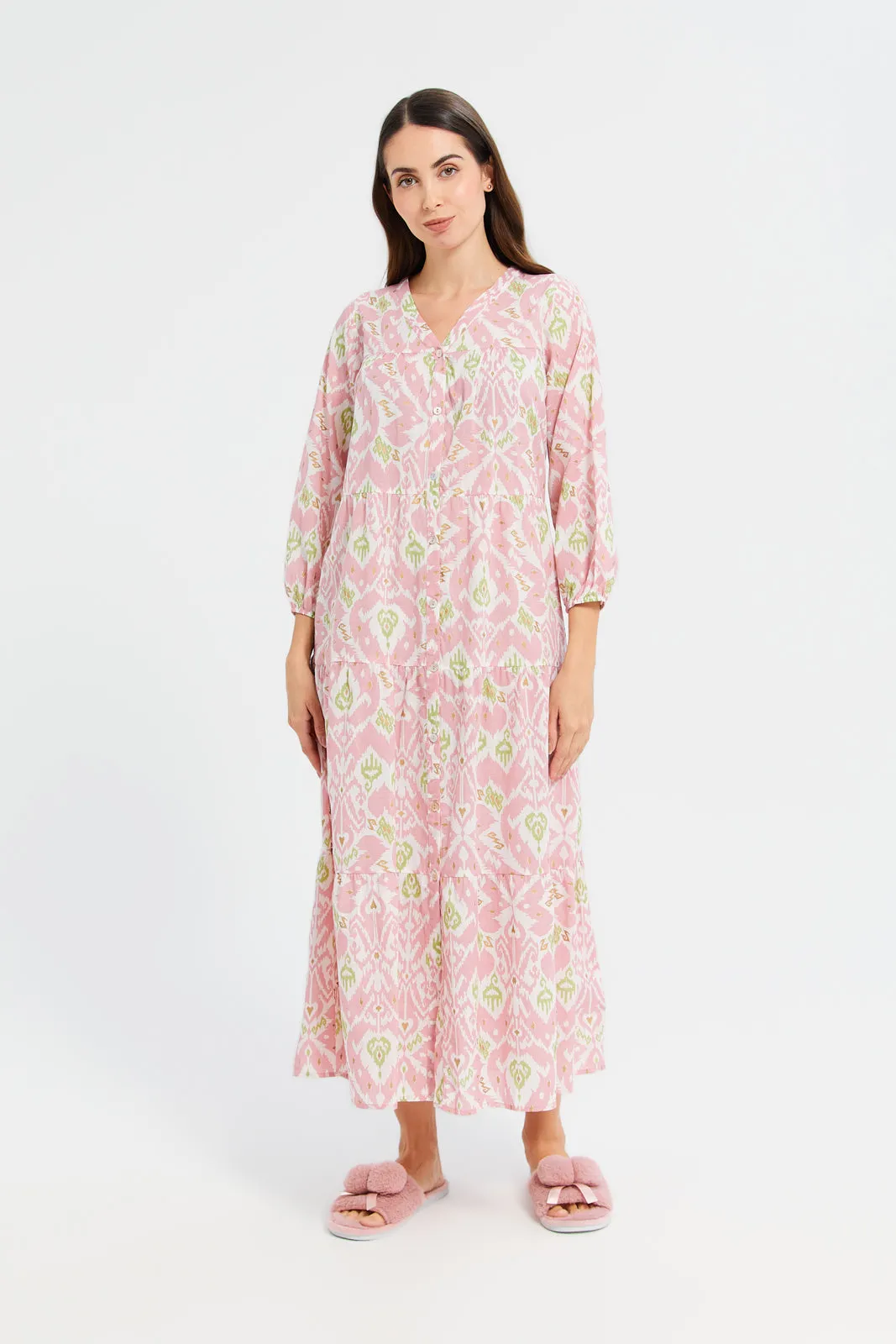 Women Pink Printed Tier Nightgown