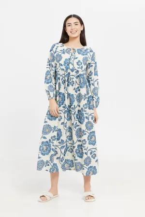 Women White And Blue Printed Long Sleeves Nightgown