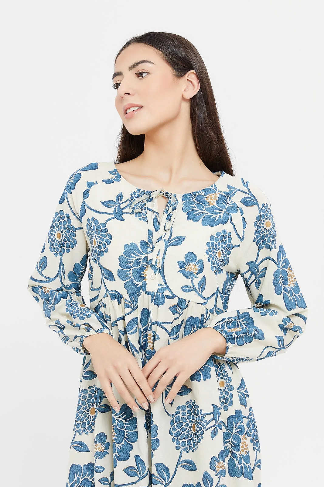 Women White And Blue Printed Long Sleeves Nightgown