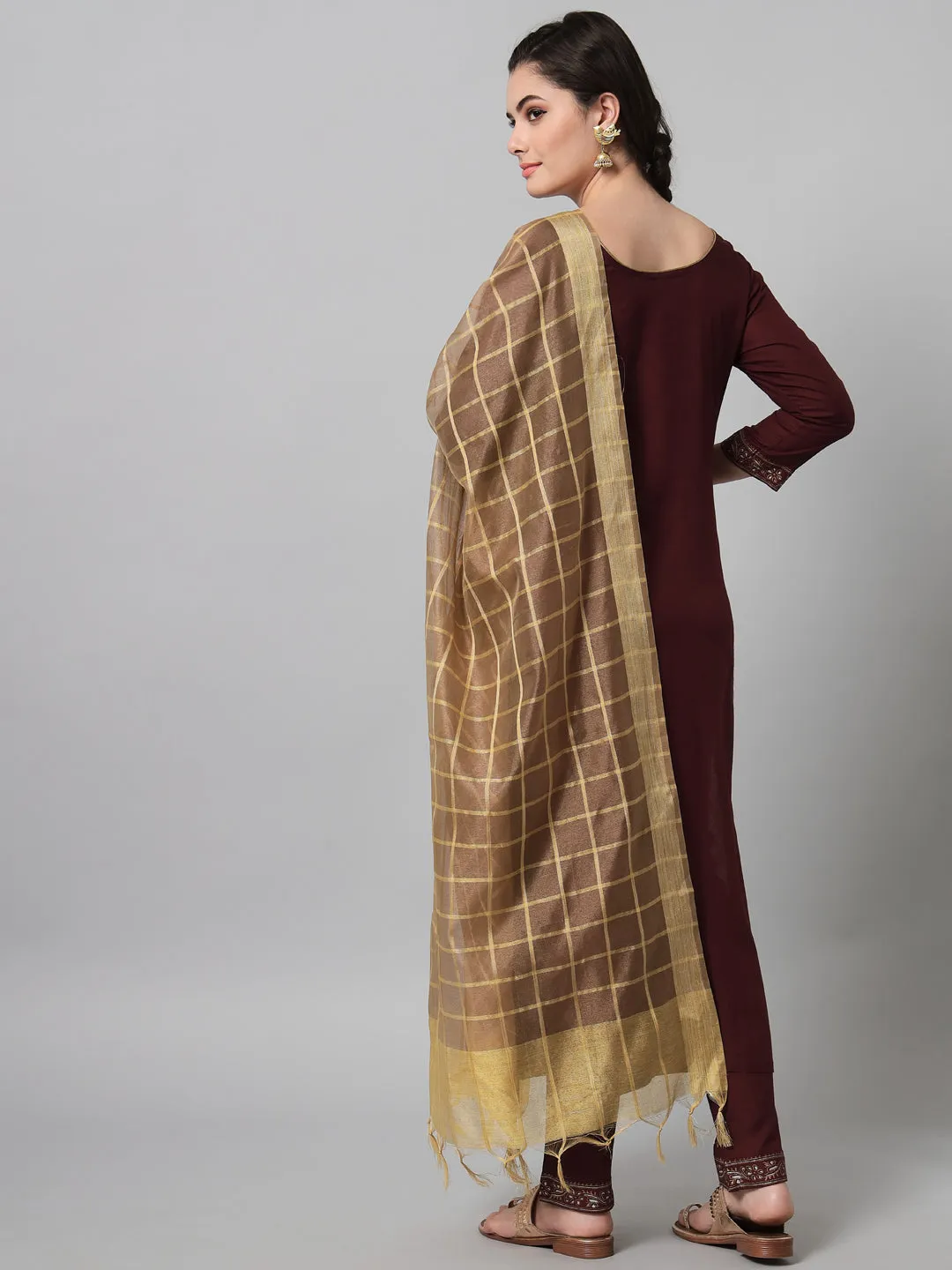 Women Wine And Golden Printed Kurta And Trouser Set