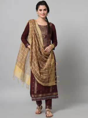 Women Wine And Golden Printed Kurta And Trouser Set