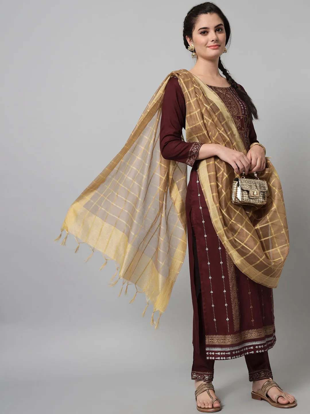 Women Wine And Golden Printed Kurta And Trouser Set