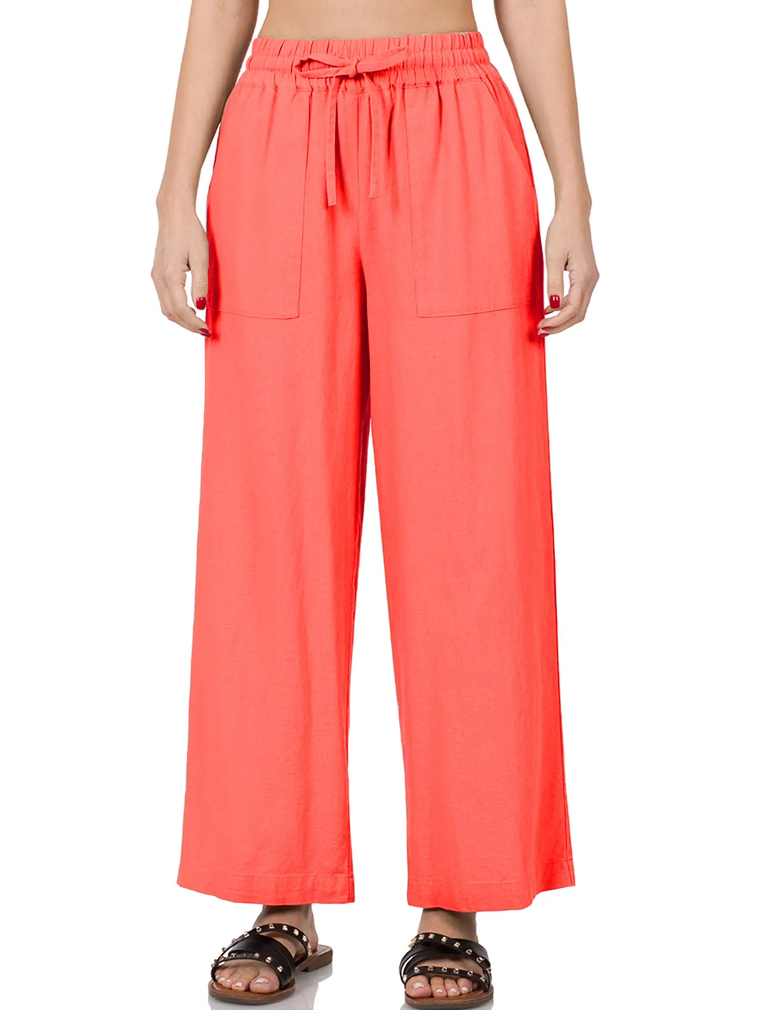 Womens Casual Linen Pants with Waist Drawstring and Side Pockets