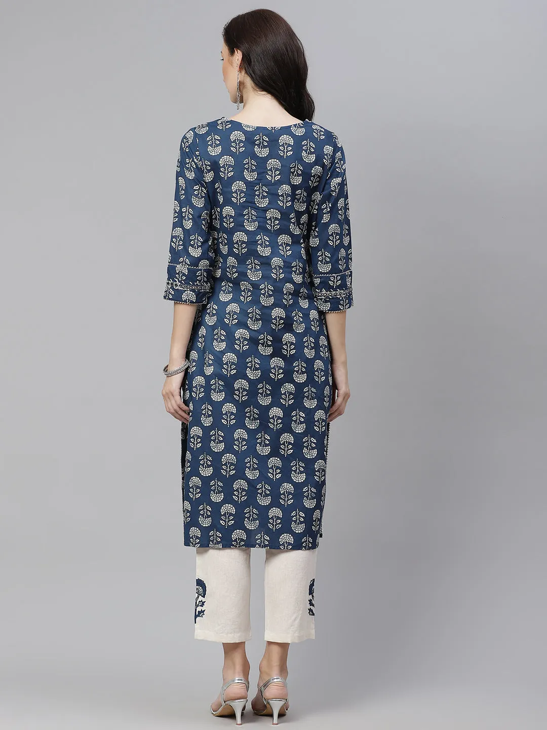 Women'S Indigo Blue Buti Print Straight Kurta With Cotton Pants