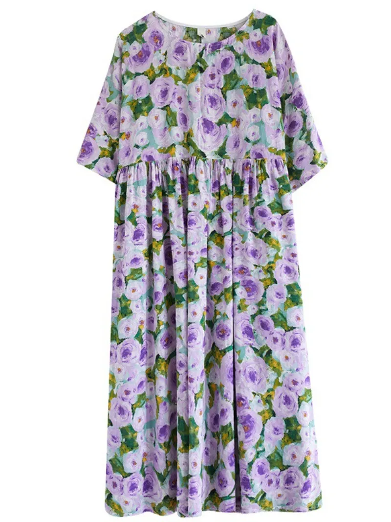 Women's Summer Printed Flower High Waist Smock Dress