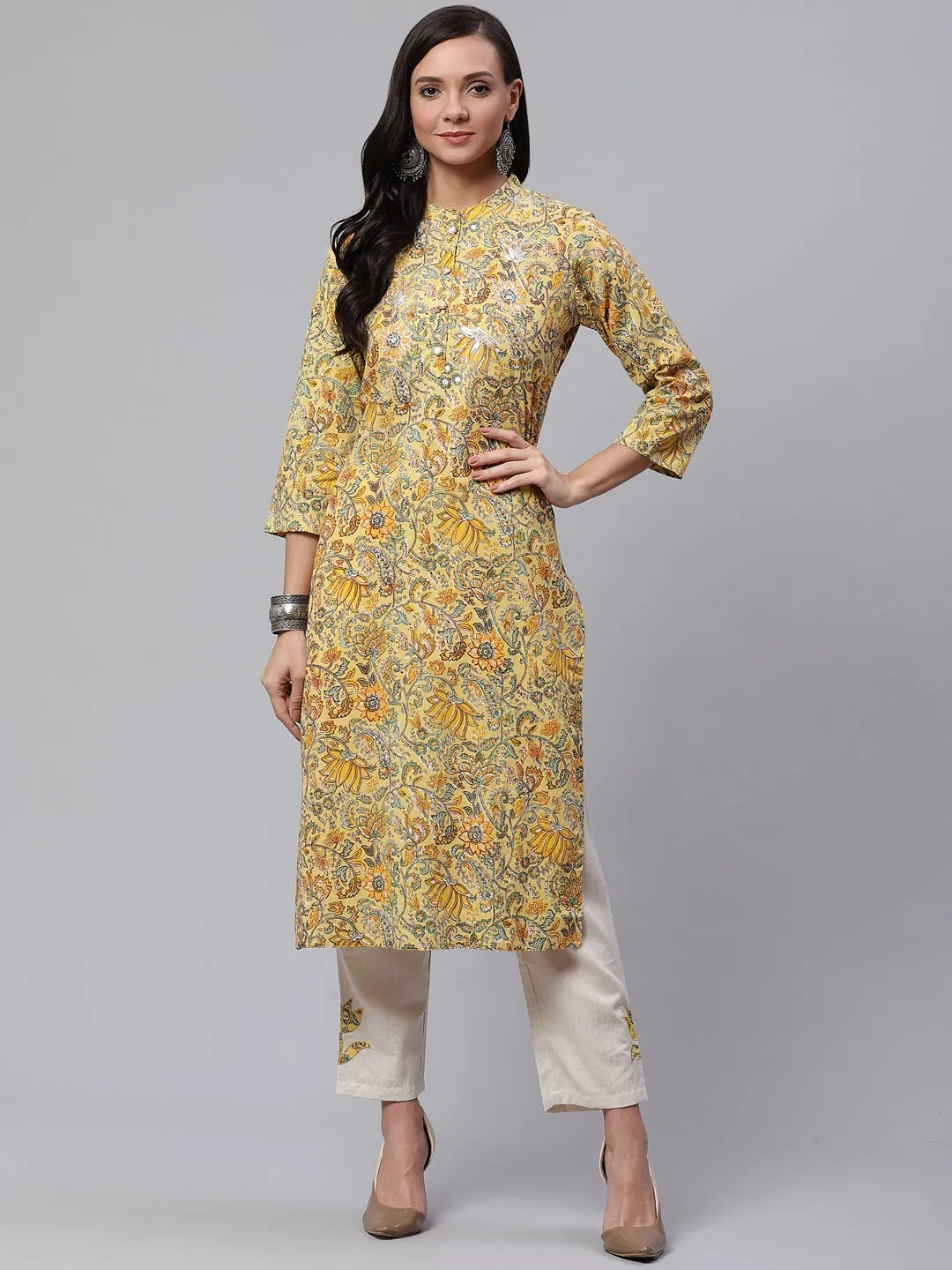 Women'S Yellow Cotton Kurti With Cotton Flex Pant Set Plus Size