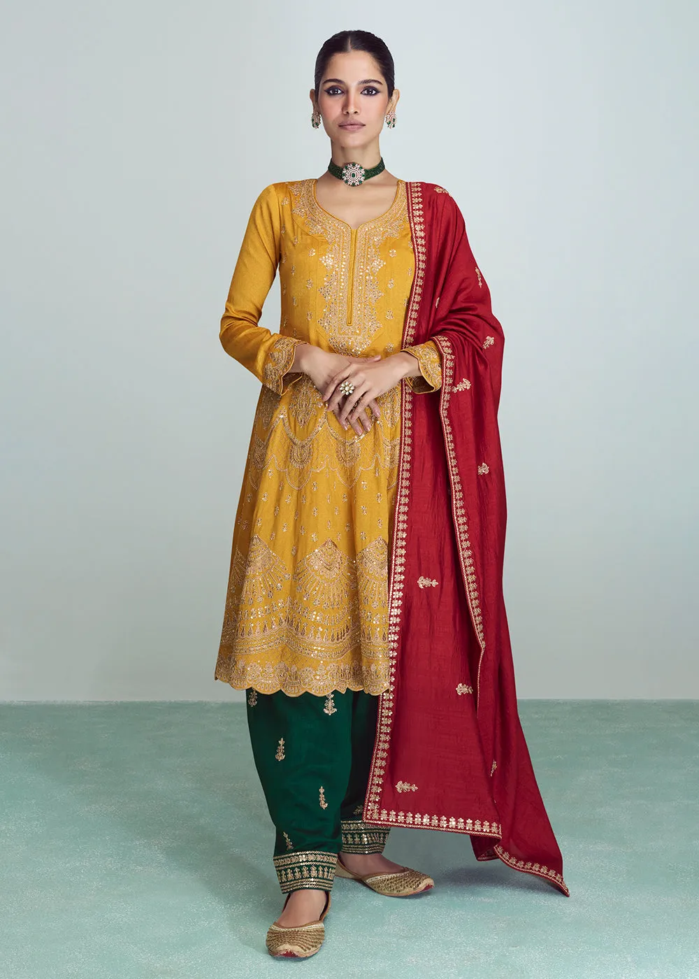 Yellow & Green Silk Embroidered Peplum Punjabi Style Suit