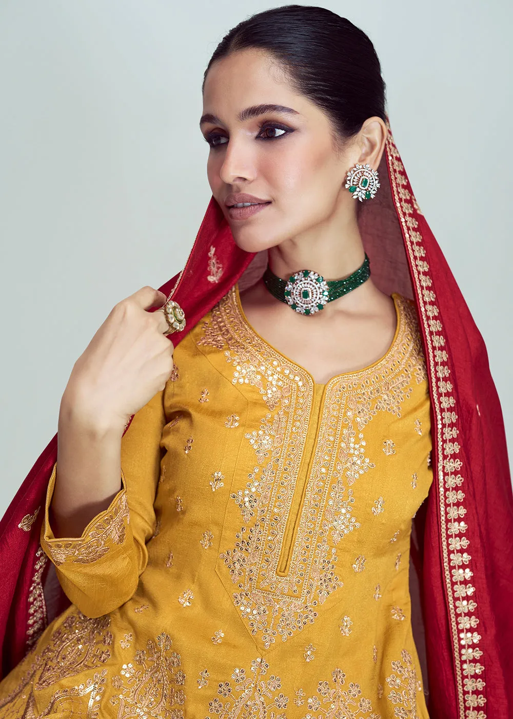 Yellow & Green Silk Embroidered Peplum Punjabi Style Suit