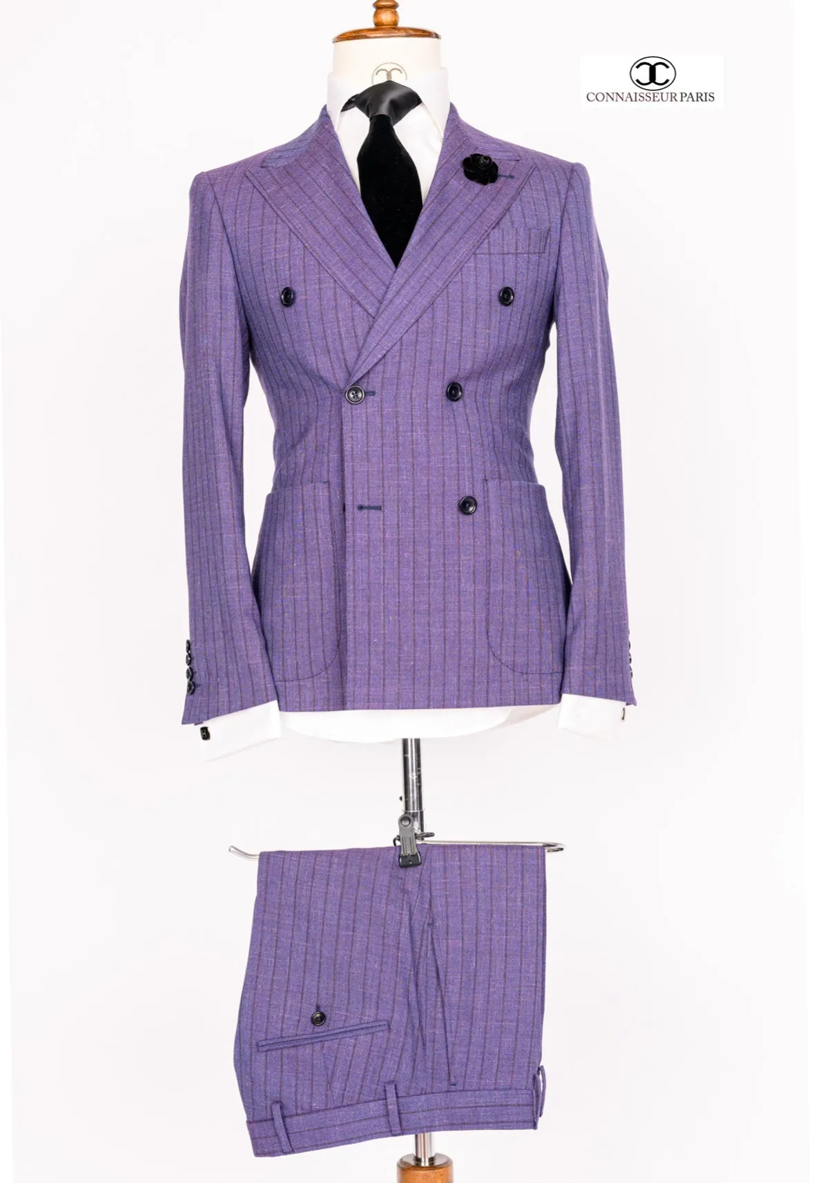 Zignone - Purple double breasted pinstriped 2-piece slim fit suit with wide lapel and patch pockets