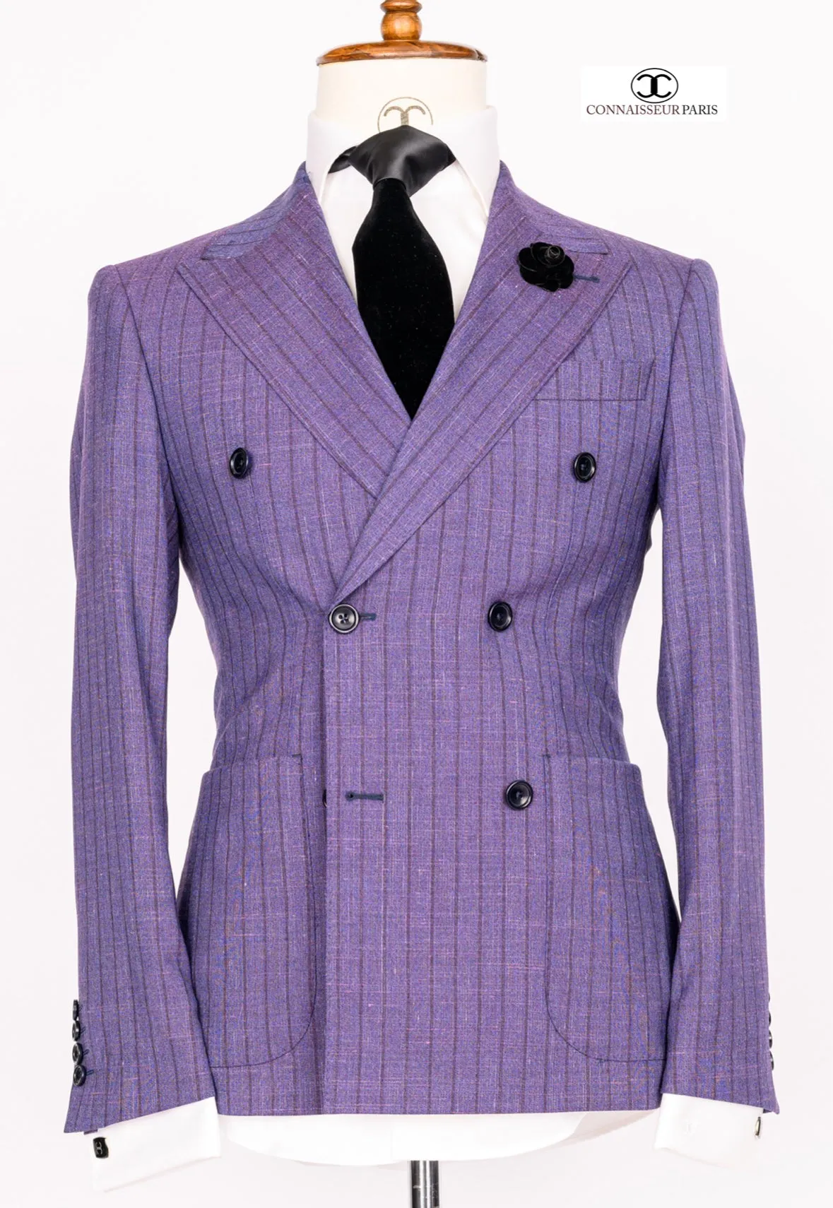 Zignone - Purple double breasted pinstriped 2-piece slim fit suit with wide lapel and patch pockets